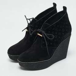 Louis Vuitton Black Monogram Suede Wedge Ankle Boots Size 38
