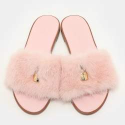 Louis Vuitton Pink Mink Fur Lock It Flat Slides Size 38