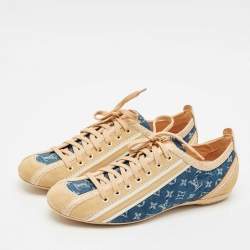 Louis Vuitton Blue/Beige Monogram Denim and Crocodile Impulsion Sneakers Size 38