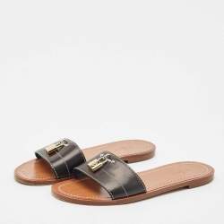 Louis Vuitton Black Leather Lock It Flat Slide Sandals Size 37.5