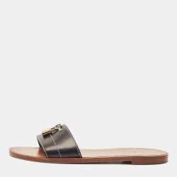 Louis Vuitton Black Leather Lock It Flat Slide Sandals Size 37.5