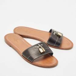 Louis Vuitton Black Leather Lock It Flat Slide Sandals Size 37.5