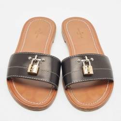 Louis Vuitton Black Leather Lock It Flat Slide Sandals Size 37.5