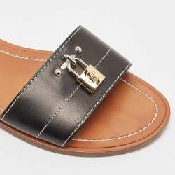 Louis Vuitton Black Leather Lock It Flat Slide Sandals Size 37.5