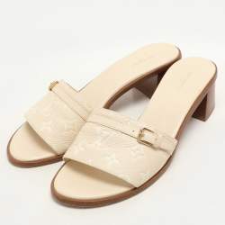 Pre Owned Louis Vuitton Cream Leather Monogram Slides Size 41
