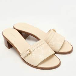 Pre Owned Louis Vuitton Cream Leather Monogram Slides Size 41