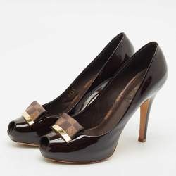 Louis Vuitton Dark Brown Patent Leather Peep Toe Platform Pumps Size 36.5