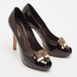 Louis Vuitton Dark Brown Patent Leather Peep Toe Platform Pumps Size 36.5