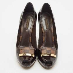 Louis Vuitton Dark Brown Patent Leather Peep Toe Platform Pumps Size 36.5