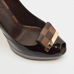 Louis Vuitton Dark Brown Patent Leather Peep Toe Platform Pumps Size 36.5