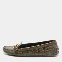 Louis Vuitton Green Croc Embossed Leather Dauphine Loafers Size 39.5