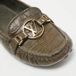 Louis Vuitton Green Croc Embossed Leather Dauphine Loafers Size 39.5