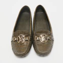 Louis Vuitton Green Croc Embossed Leather Dauphine Loafers Size 39.5