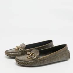 Louis Vuitton Green Croc Embossed Leather Dauphine Loafers Size 39.5