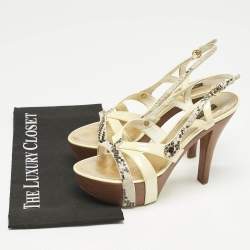 Louis Vuitton Cream/Gold Patent Leather and Python Embossed Leather Ankle Strap Sandals Size 38