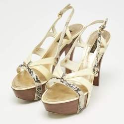 Louis Vuitton Cream/Gold Patent Leather and Python Embossed Leather Ankle Strap Sandals Size 38