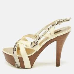 Louis Vuitton Cream/Gold Patent Leather and Python Embossed Leather Ankle Strap Sandals Size 38