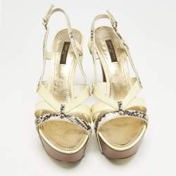 Louis Vuitton Cream/Gold Patent Leather and Python Embossed Leather Ankle Strap Sandals Size 38
