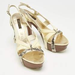 Louis Vuitton Cream/Gold Patent Leather and Python Embossed Leather Ankle Strap Sandals Size 38