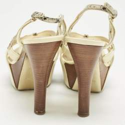 Louis Vuitton Cream/Gold Patent Leather and Python Embossed Leather Ankle Strap Sandals Size 38