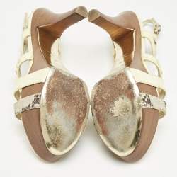 Louis Vuitton Cream/Gold Patent Leather and Python Embossed Leather Ankle Strap Sandals Size 38
