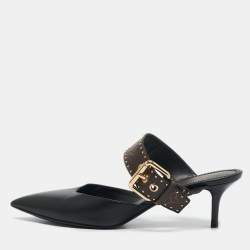 Louis Vuitton Black Leather and Monogram Canvas Studded Pointed Toe Mules Size 39