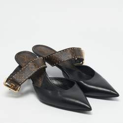 Louis Vuitton Black Leather and Monogram Canvas Studded Pointed Toe Mules Size 39