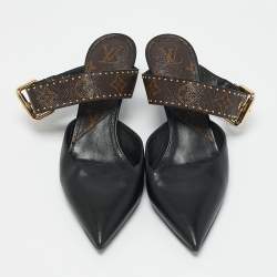 Louis Vuitton Black Leather and Monogram Canvas Studded Pointed Toe Mules Size 39