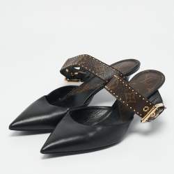 Louis Vuitton Black Leather and Monogram Canvas Studded Pointed Toe Mules Size 39