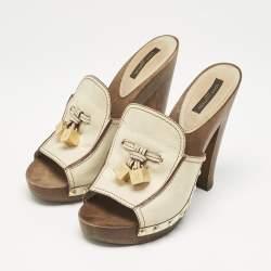 Louis Vuitton Cream Leather Logo Dice Clogs Size 37.5