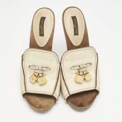 Louis Vuitton Cream Leather Logo Dice Clogs Size 37.5