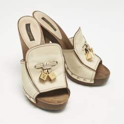 Louis Vuitton Cream Leather Logo Dice Clogs Size 37.5