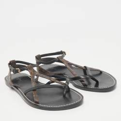 Louis Vuitton Black Leather and Monogram Canvas Strappy Flat Sandals Size 40