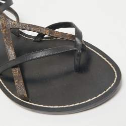 Louis Vuitton Black Leather and Monogram Canvas Strappy Flat Sandals Size 40