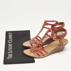 Louis Vuitton Brown/Red Monogram Embossed Leather and Patent T-Strap Wedge Sandals Size 36