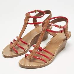 Louis Vuitton Brown/Red Monogram Embossed Leather and Patent T-Strap Wedge Sandals Size 36