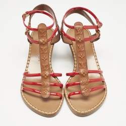Louis Vuitton Brown/Red Monogram Embossed Leather and Patent T-Strap Wedge Sandals Size 36