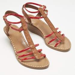 Louis Vuitton Brown/Red Monogram Embossed Leather and Patent T-Strap Wedge Sandals Size 36