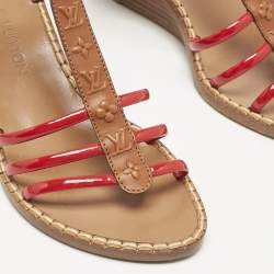 Louis Vuitton Brown/Red Monogram Embossed Leather and Patent T-Strap Wedge Sandals Size 36