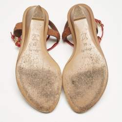 Louis Vuitton Brown/Red Monogram Embossed Leather and Patent T-Strap Wedge Sandals Size 36