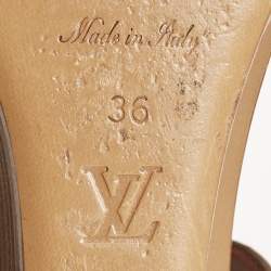 Louis Vuitton Brown/Red Monogram Embossed Leather and Patent T-Strap Wedge Sandals Size 36