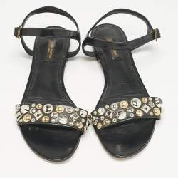 Louis Vuitton Black Leather Studded Ankle Strap Flat Sandals Size 40