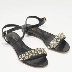 Louis Vuitton Black Leather Studded Ankle Strap Flat Sandals Size 40