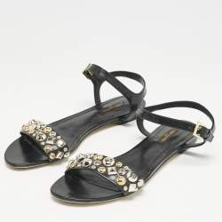 Louis Vuitton Black Leather Studded Ankle Strap Flat Sandals Size 40