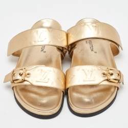 Louis Vuitton Gold Monogram Embossed Leather Bom Dia Flat Slide Sandals Size 40