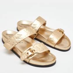 Louis Vuitton Gold Monogram Embossed Leather Bom Dia Flat Slide Sandals Size 40