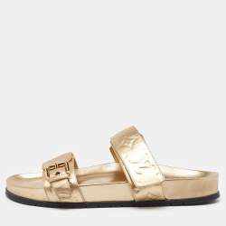 Louis Vuitton Gold Monogram Embossed Leather Bom Dia Flat Slide Sandals Size 40