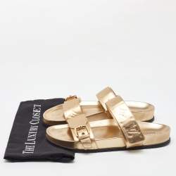 Louis Vuitton Gold Monogram Embossed Leather Bom Dia Flat Slide Sandals Size 40