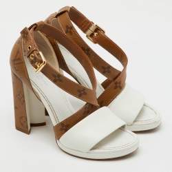 Pre Owned Louis Vuitton White/Brown Leather and Reverse Monogram Canvas Matchmake Sandals Size 36