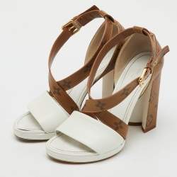 Pre Owned Louis Vuitton White/Brown Leather and Reverse Monogram Canvas Matchmake Sandals Size 36